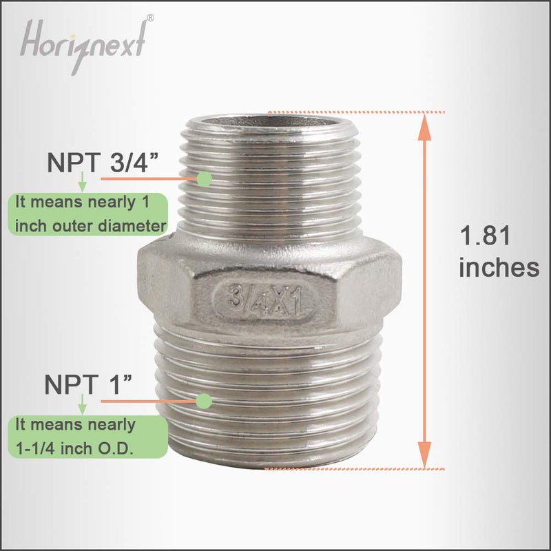 Horiznext npt 1 to 3/4 reducer male thread, stainless steel 304 1 inch to 3/4 reducer, hex reducing pipe fitting adapter water connector (Pack of 2) - Image 2